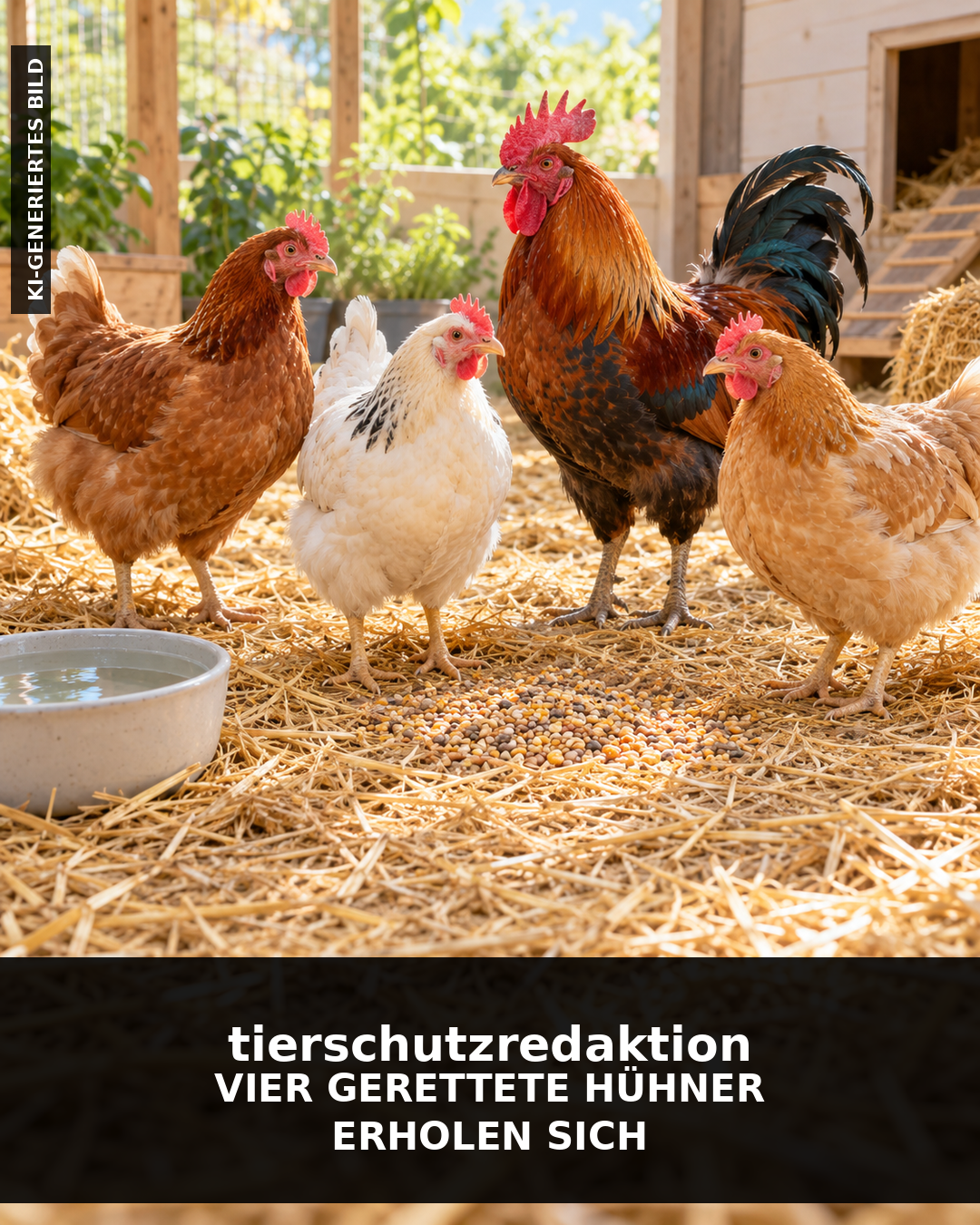 Vier gerettete Hühner sind auf dem Weg der Besserung